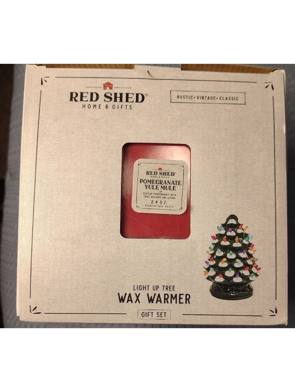Red Shed Light Up Ceramic Christmas Tree Wax Warmer Gift Set Pomegranate Rustic